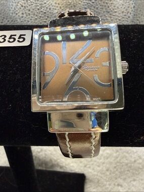 Geneva Platinum Brown Dial Brown Leather Strap Square Watch with Silver Accents